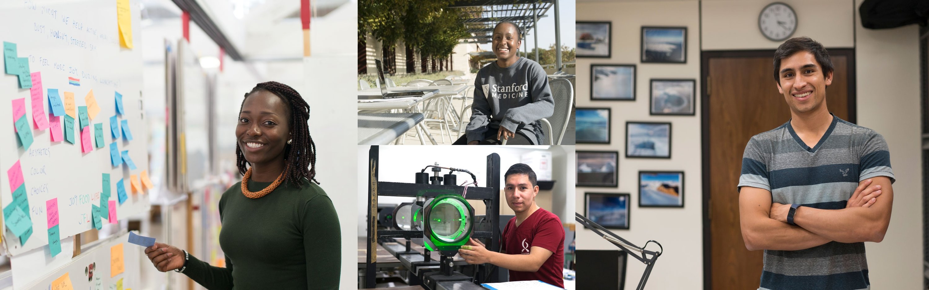 Collage of four photos showing students around campus