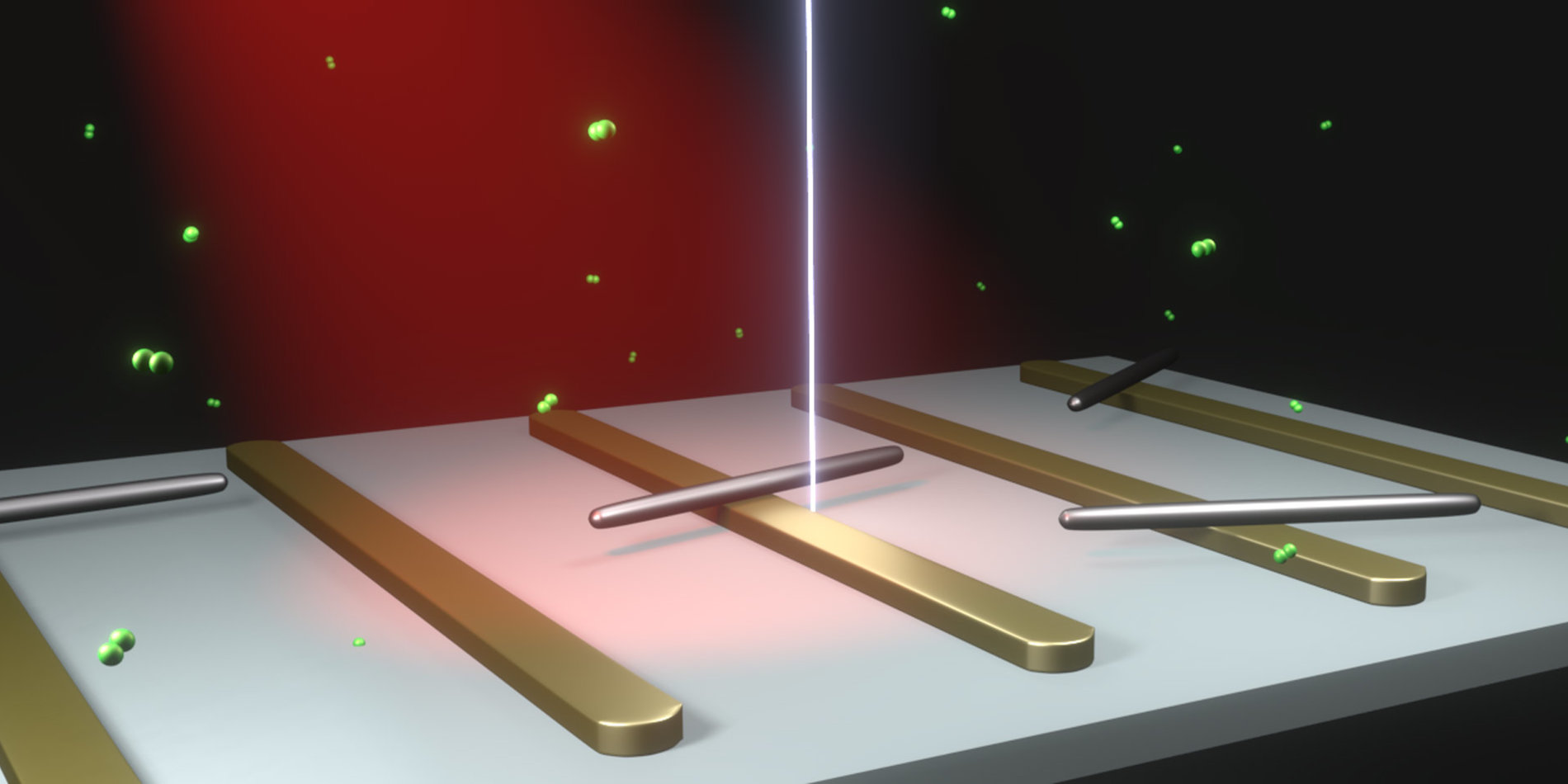 
An electron beam probes interactions between hydrogen molecules (in green) and a palladium catalyst. Sculpted light is shown in red. | Katherine Sytwu