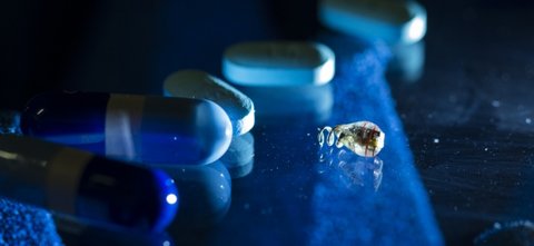 Macro view of piece of technology with pills for scale